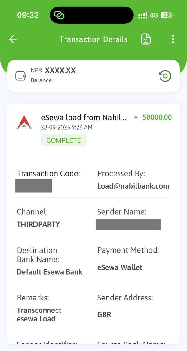 eSewa transaction details: Rs50,000 load marked complete, channel THIRDPARTY