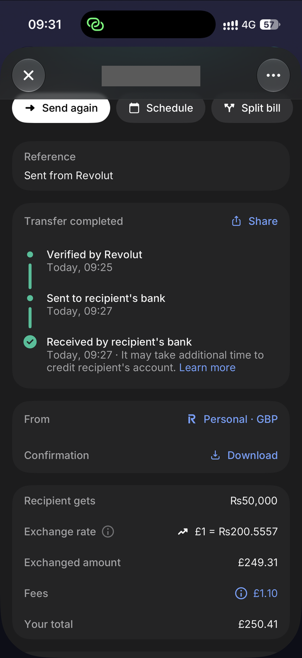 Revolut transfer details: Rs50,000 received at £1 = Rs200.5557 with a £1.10 fee